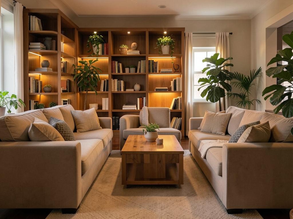 Sala de convivência com sofás, estante de livros e plantas