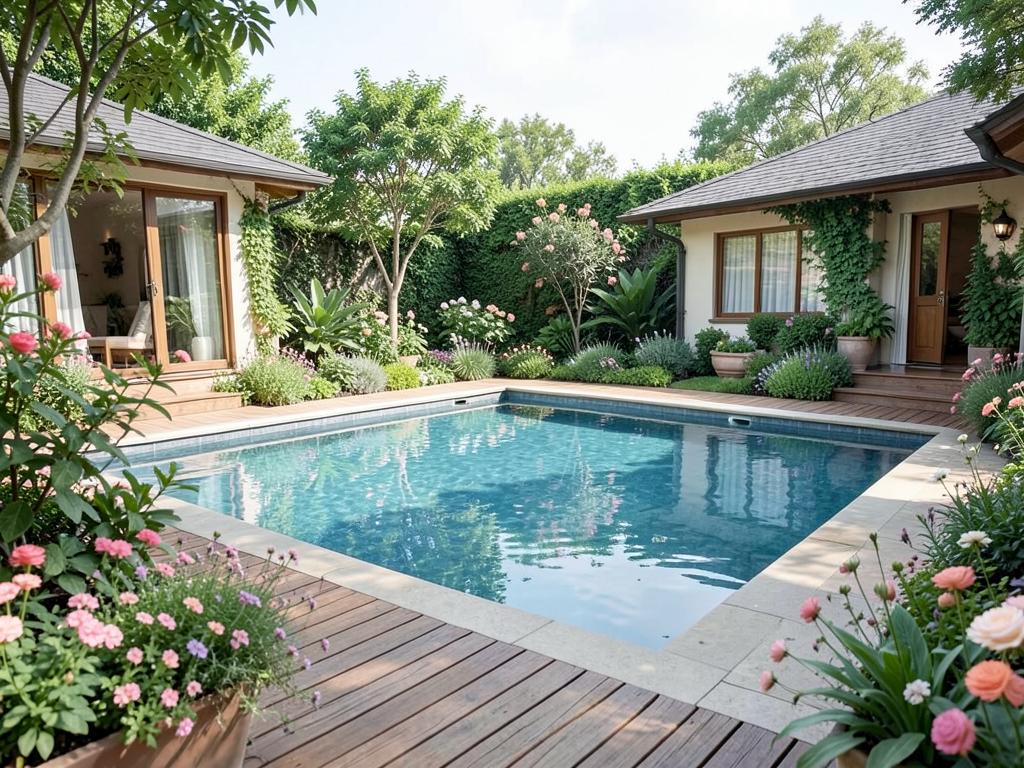 Piscina cercada por plantas floridas e deck de madeira