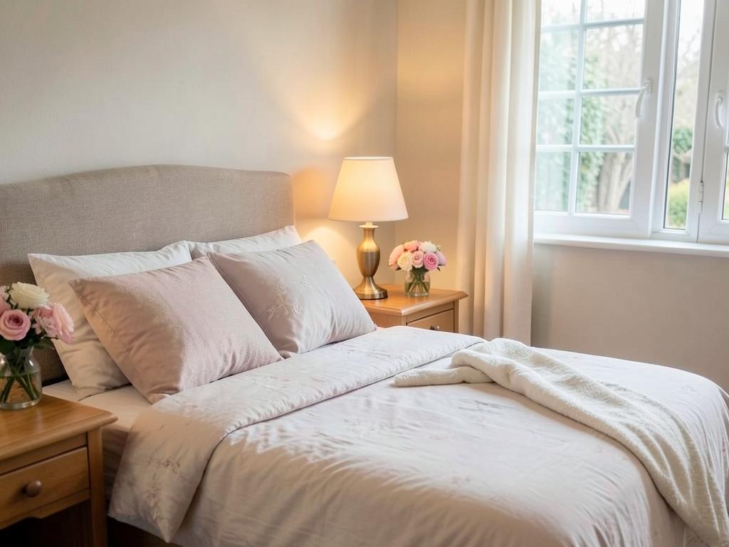 Quarto acolhedor com cama arrumada, luminária e flores