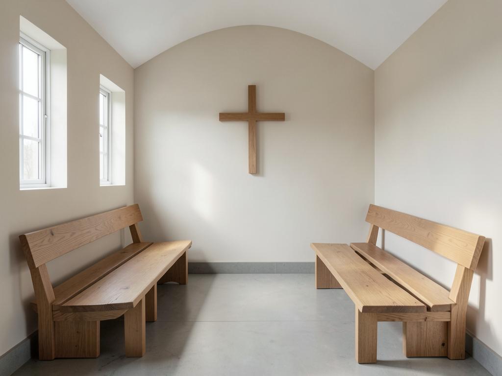 Sala de apoio espiritual com bancos de madeira e luz natural