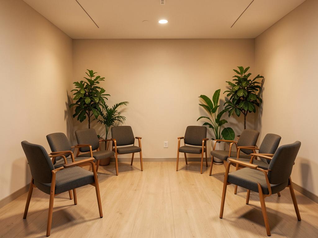Sala de terapia em grupo com cadeiras dispostas em círculo
